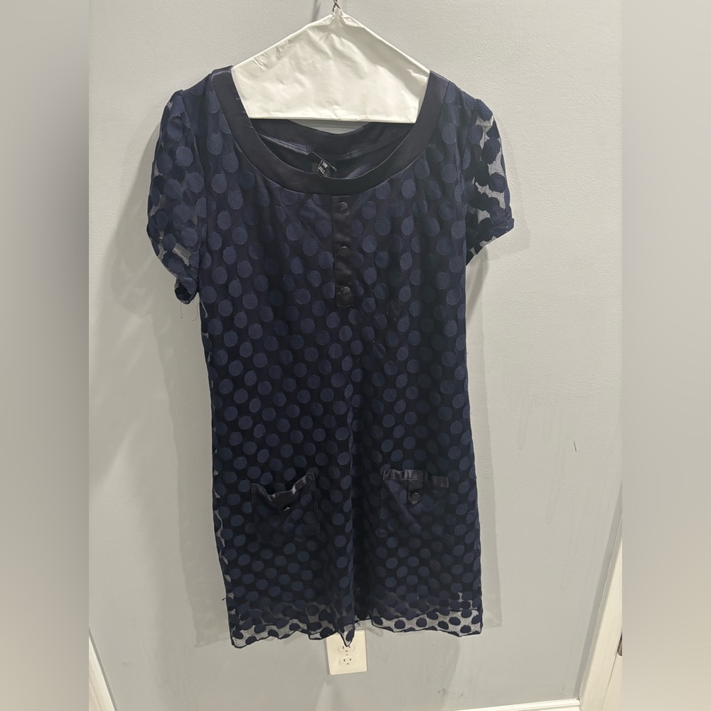En Focus Navy Blue Polka Dot Women's A-Line Dress-size large - Picture 2 of 7
